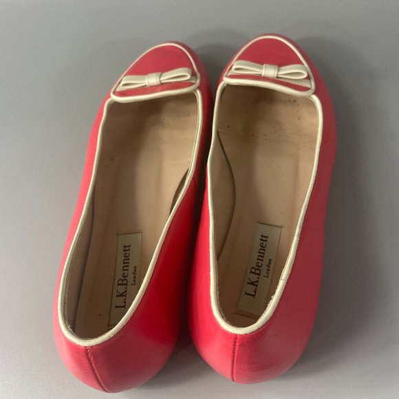 L.K. Bennett London Pink Leather Flat with White Bow, Size 38 - Picture 7 of 14